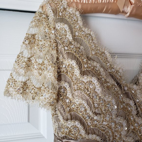 Jovani Beaded Silky Chiffon Gown Gold/Tan, Size 8 - Picture 4 of 13